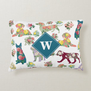 Dogs Pattern & Vintage Watercolor Flowers Monogram Decorative Cushion