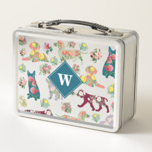 Dogs Pattern & Vintage Watercolor Flowers Monogram Metal Lunch Box