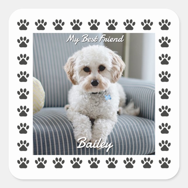 Dog's Photo, Name, My Best Friend, Paw Prints Square Sticker (Front)