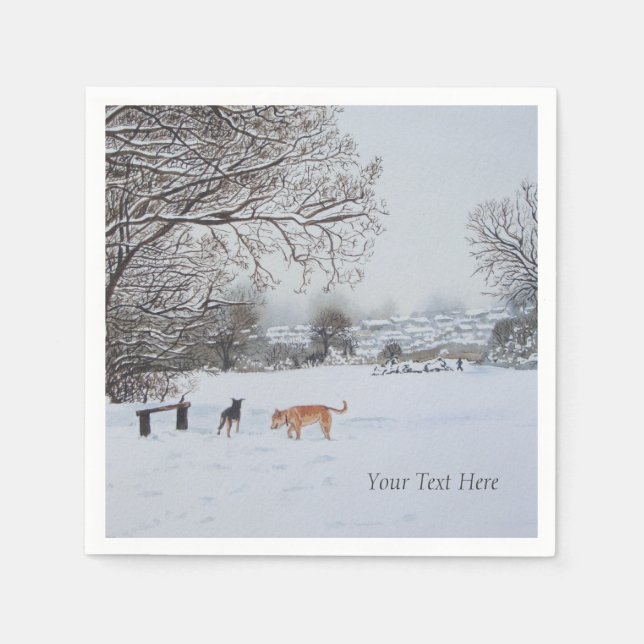 dogs playing in snow scene seasoanal landscape napkin (Front)