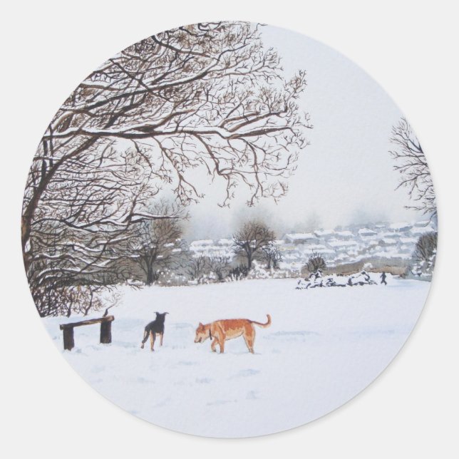dogs playing in snowy landscape scenic christmas classic round sticker (Front)