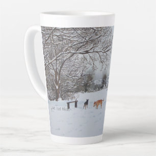 dogs playing in winter snow-scene landscape latte mug