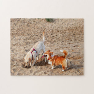 Dogs playing on beach jigsaw puzzle
