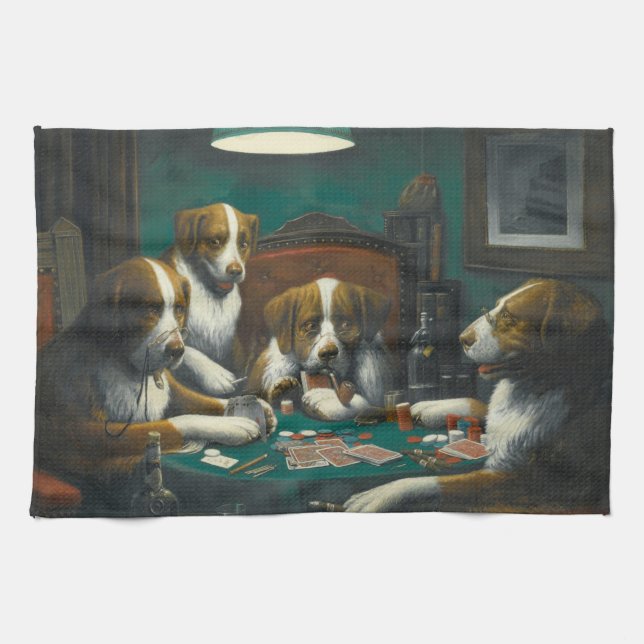 Dogs Playing Poker (Animal Card Game) Tea Towel (Horizontal)