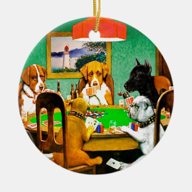 Dogs Playing Poker Cards Game Ceramic Tree Decoration (Front)