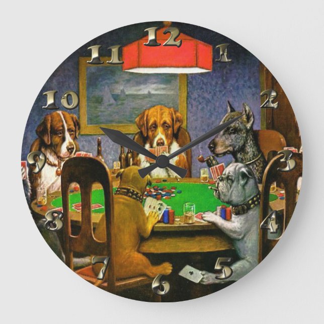 Dogs Playing Poker Large Clock (Front)