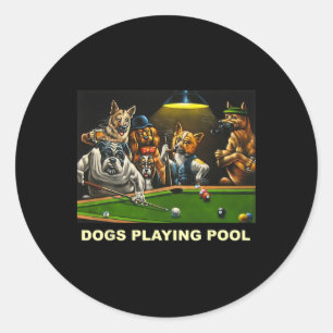 Dogs Playing Pool Art Work Puppies Snooker Pocket Classic Round Sticker