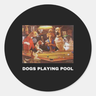 Dogs Playing Pool Art Work Puppies Snooker Pocket Classic Round Sticker