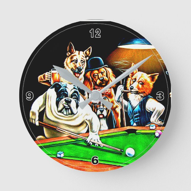 Dogs Playing Pool Round Clock (Front)