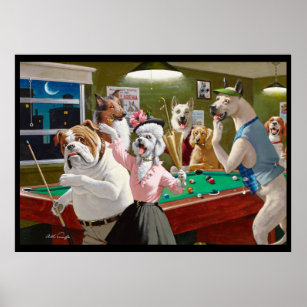 Dogs Playing Pool - Scratched at Dawn Poster