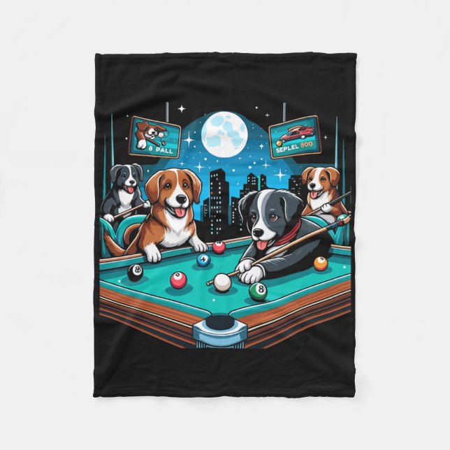 Dogs Playing Pool Table Billiards 8 Ball  Fleece Blanket (Front)