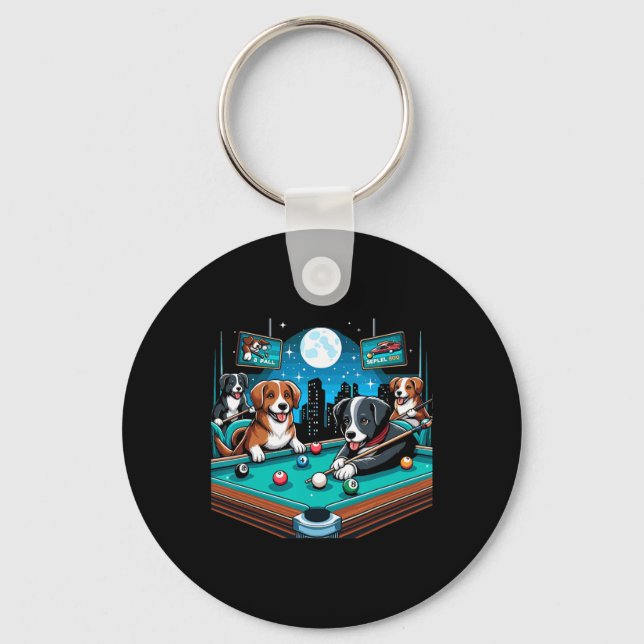 Dogs Playing Pool Table Billiards 8 Ball  Key Ring (Front)