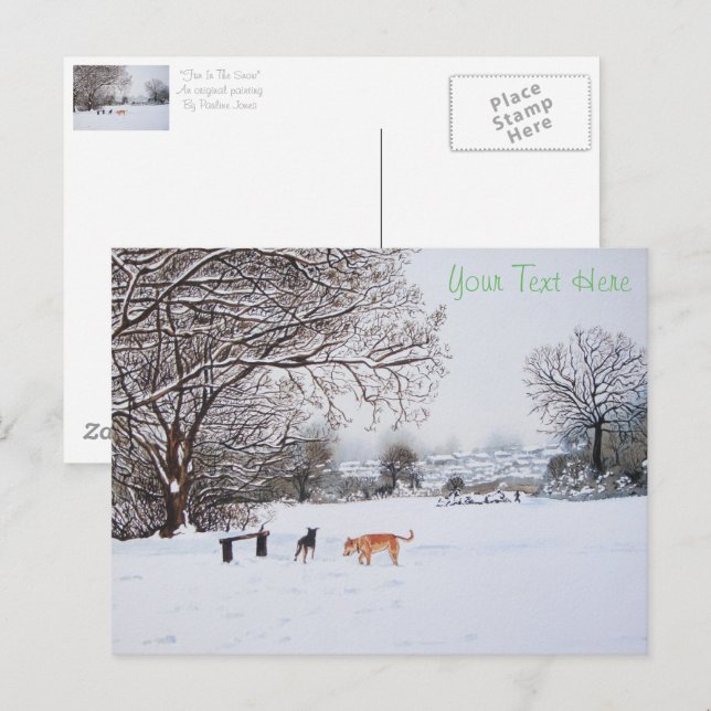dogs playing snow scene landscape at christmas postcard (Front/Back)