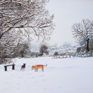 dogs playing snow scene original landscape art jigsaw puzzle