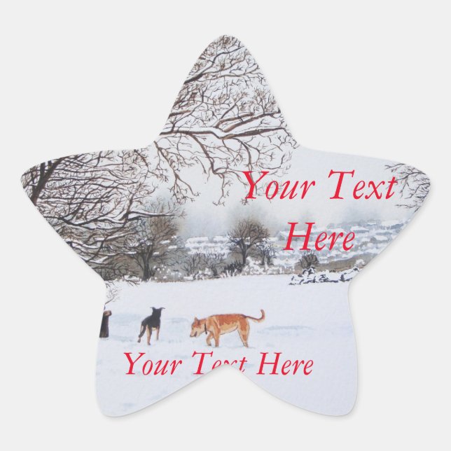 dogs playing snow scene original landscape art star sticker (Front)