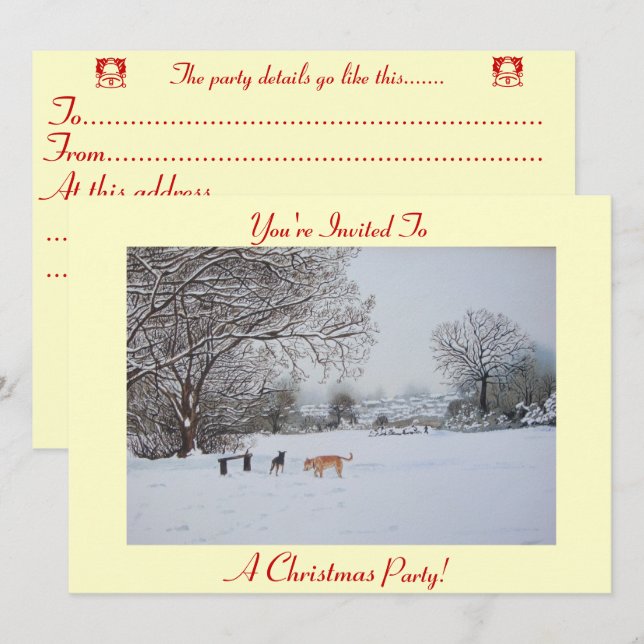 dogs playing winter snow scene christmas party invitation (Front/Back)