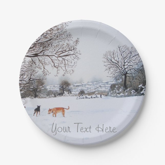 dogs playing winter snow scene landscape christmas paper plate (Front)