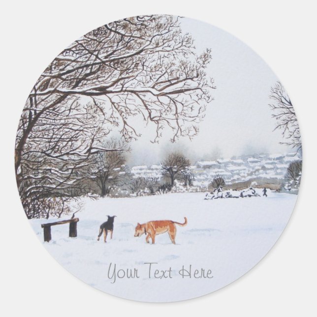 dogs playing winter snow scene landscape classic round sticker (Front)