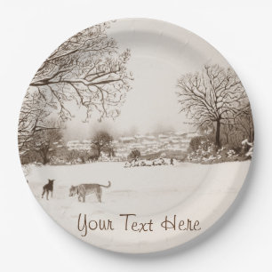 dogs playing winter snow scene landscape painting paper plate