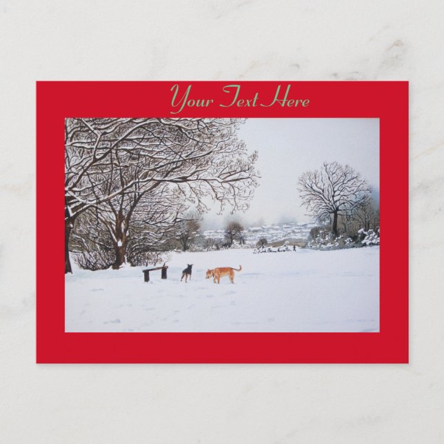 dogs playing winter snow scene landscape painting postcard (Front)