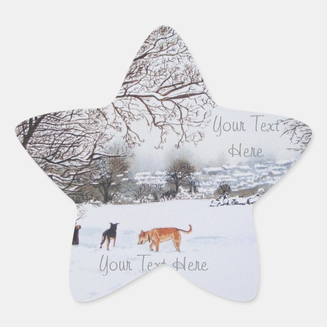 dogs playing winter snow scene landscape painting star sticker (Front)