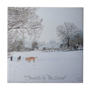 dogs playing winter snow scene landscape painting tile