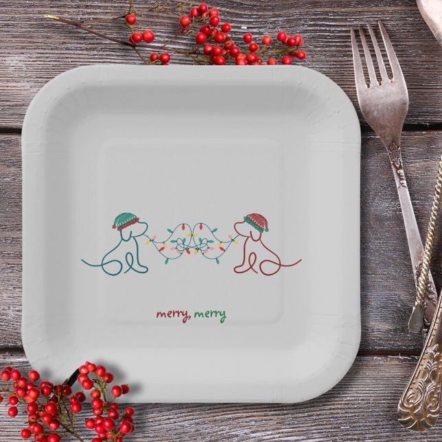 Dogs Playing with Christmas Lights Paper Plate (Merry, Merry plate, featuring 2 cute dogs with winter hats and Christmas lights  Holiday Party Time!)