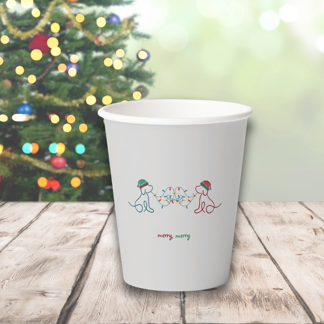 Dogs Playing with Christmas Lights Party Paper Cups (Merry, Merry Cup, featuring 2 cute dogs with winter hats and Christmas lights.  Holiday Party Time!)