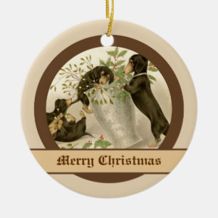 Dogs playing with Christmas mistletoe & holy berry Ceramic Tree Decoration