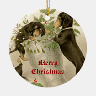 Dogs playing with Christmas mistletoe & holy berry Ceramic Tree Decoration