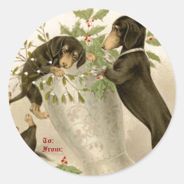 Dogs playing with Christmas mistletoe & holy berry Classic Round Sticker (Front)