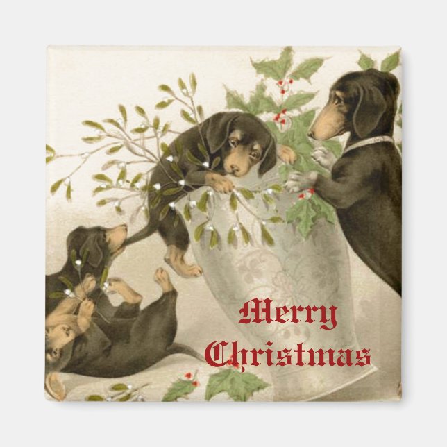 Dogs playing with Christmas mistletoe & holy berry Magnet (Front)