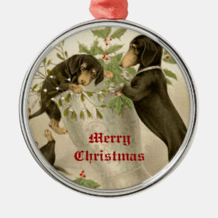 Dogs playing with Christmas mistletoe & holy berry Metal Tree Decoration