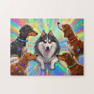 Dogs Puppies with rainbow background Jigsaw Puzzle