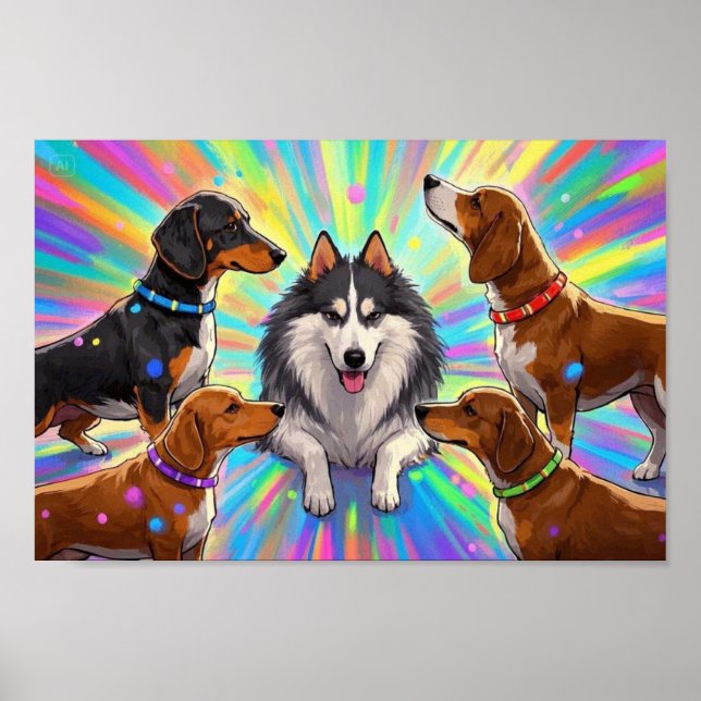 Dogs Puppies with rainbow background  Poster (Front)