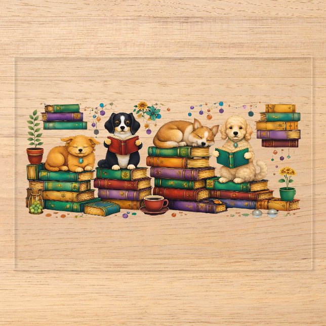 Dogs Reading Books Cosy Library Scene Acrylic Invitations (Front)