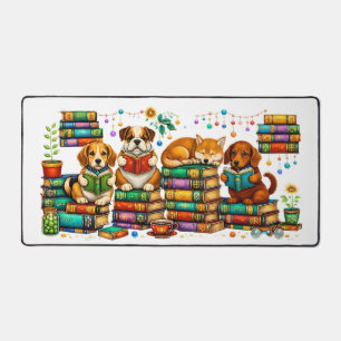 Dogs Reading Books Cozy Library Scene Desk Mat