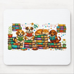 Dogs Reading Books Cozy Library Scene Mouse Mat