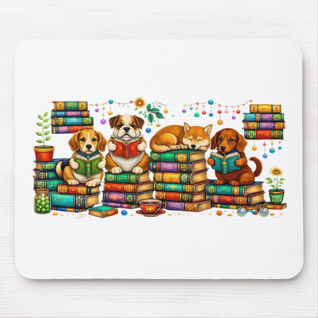 Dogs Reading Books Cozy Library Scene Mouse Mat (Front)