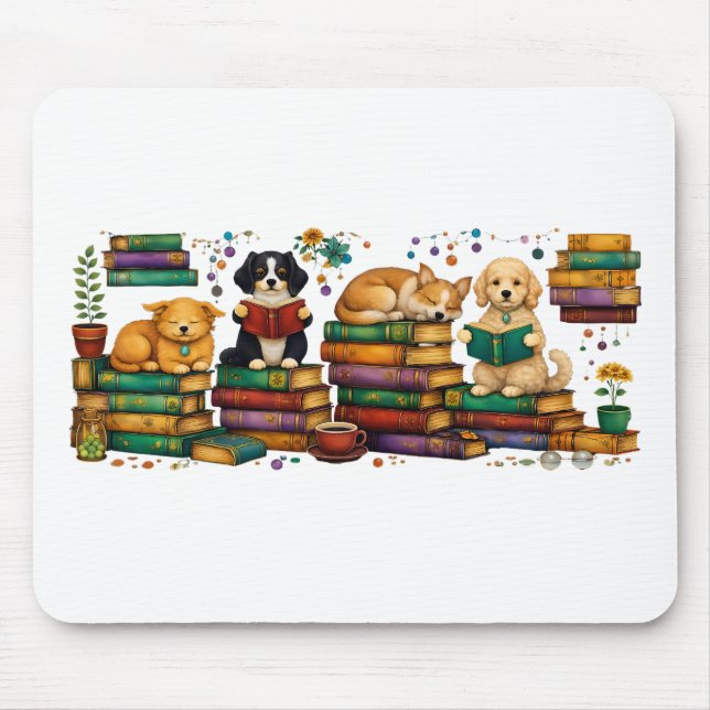 Dogs Reading Books Cozy Library Scene Mouse Mat (Front)