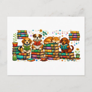 Dogs Reading Books Cozy Library Scene Postcard