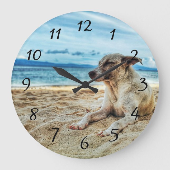 Dog's Relaxing Day at the Beach, Ocean Sand & Sun Large Clock (Front)