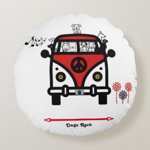 Dogs Rock Hippie Bus Round Pillow