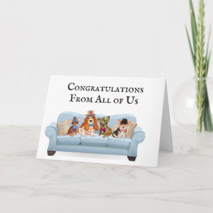 Dogs sitting on couch illustration congratulations card