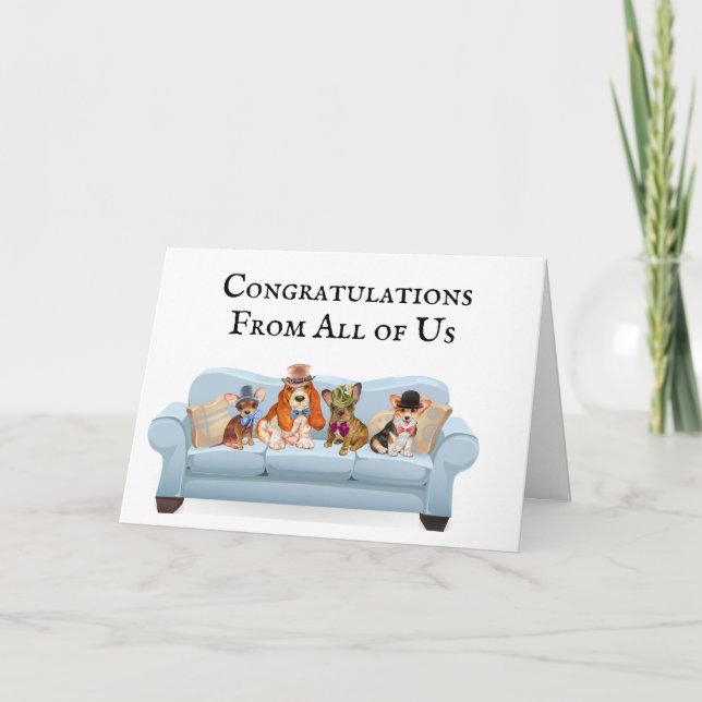 Dogs sitting on couch illustration congratulations card (Front)