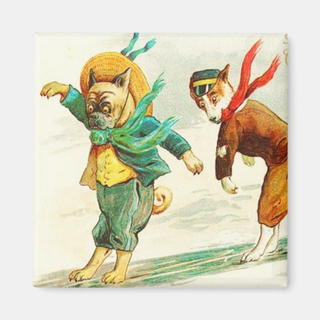 Dogs Sliding on Ice Vintage Magnet (Front)