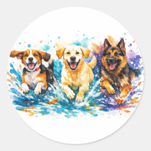 Dogs Splashing Classic Round Sticker