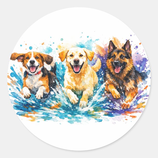 Dogs Splashing Classic Round Sticker (Front)