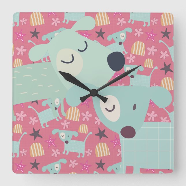 Dogs, Stars, and Flowers Square Wall Clock (Front)