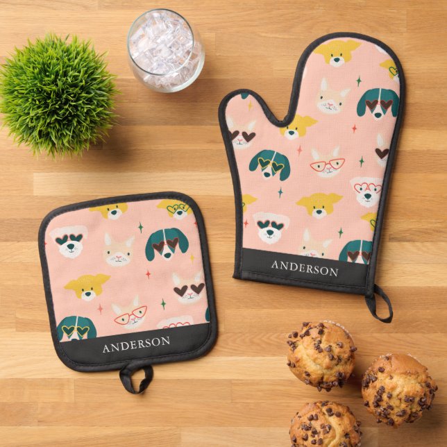 Dogs Sunglasses Glasses  Oven Mitt & Pot Holder Set (Top Down)